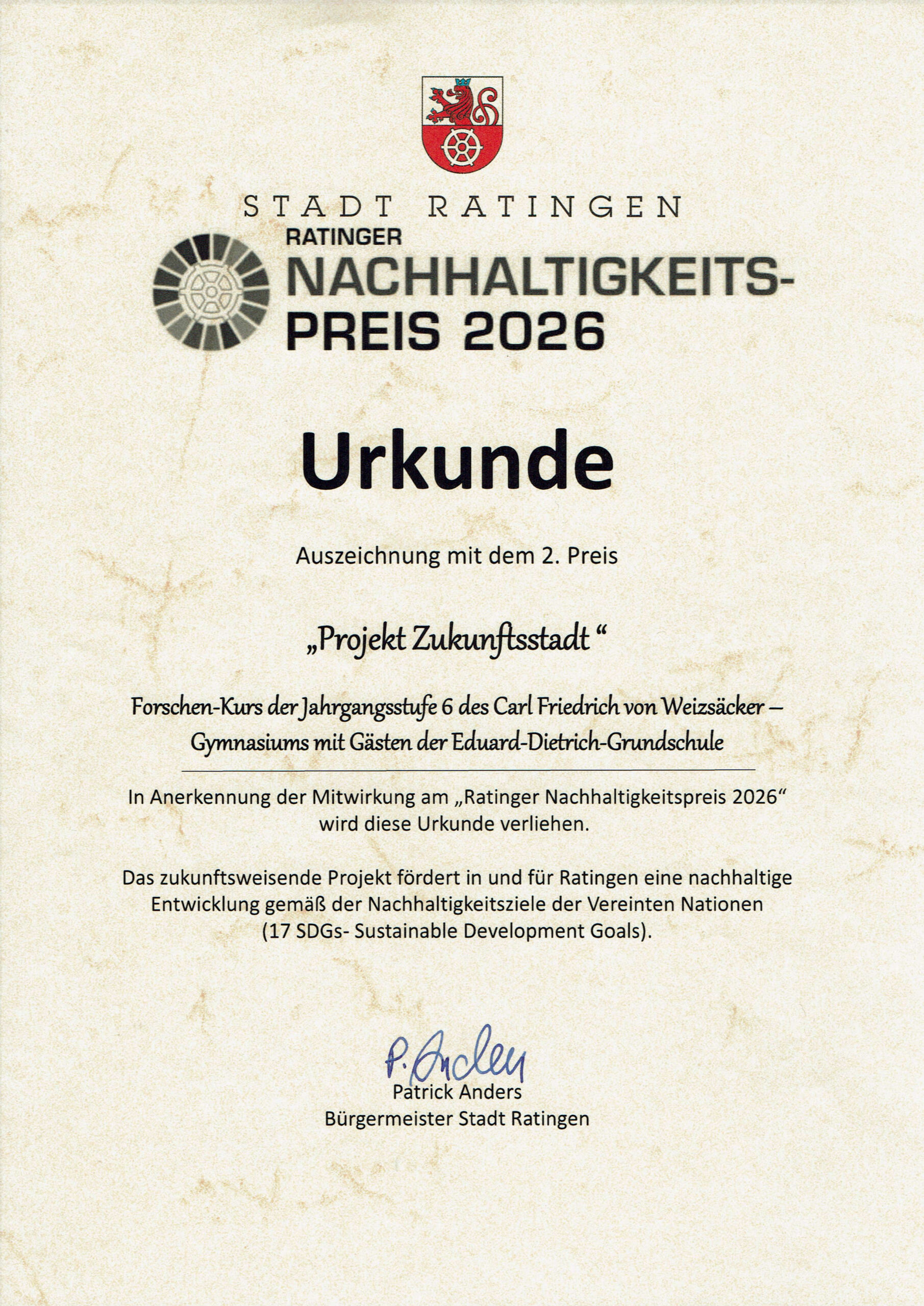 Urkunde Ratinger Nachhaltigkeitspreis Zukunftsstadt